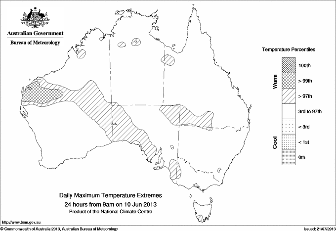 Australian daily maximum temperature extreme area maps