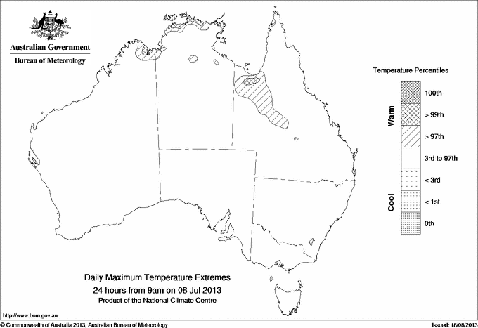 Australian daily maximum temperature extreme area maps