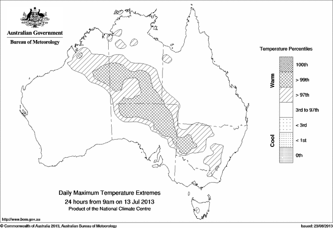 Australian daily maximum temperature extreme area maps