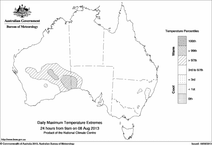 Australian daily maximum temperature extreme area maps