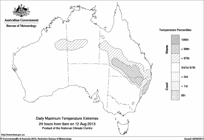Australian daily maximum temperature extreme area maps