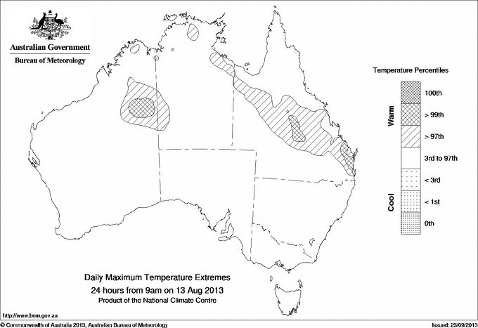 Australian daily maximum temperature extreme area maps