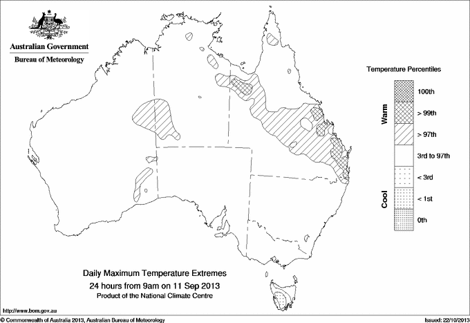 Australian daily maximum temperature extreme area maps