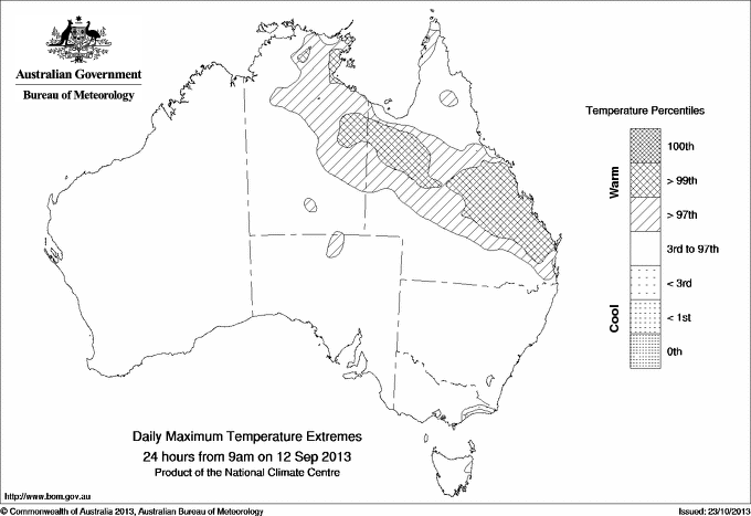 Australian daily maximum temperature extreme area maps