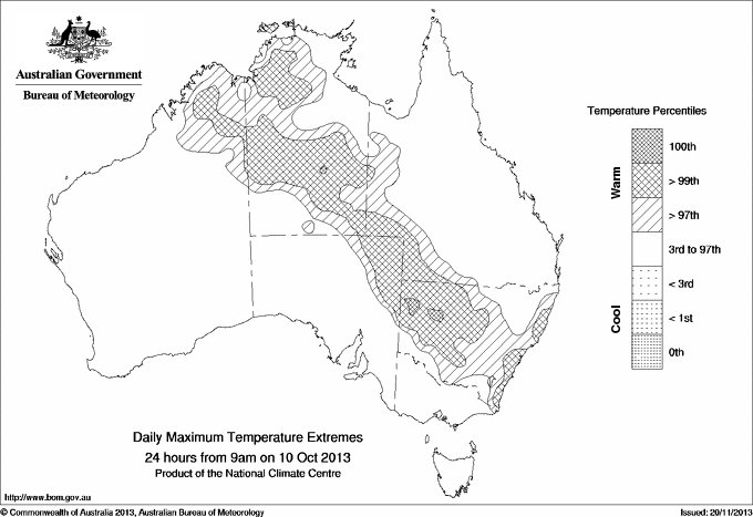 Australian daily maximum temperature extreme area maps