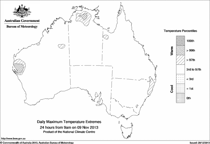 Australian daily maximum temperature extreme area maps