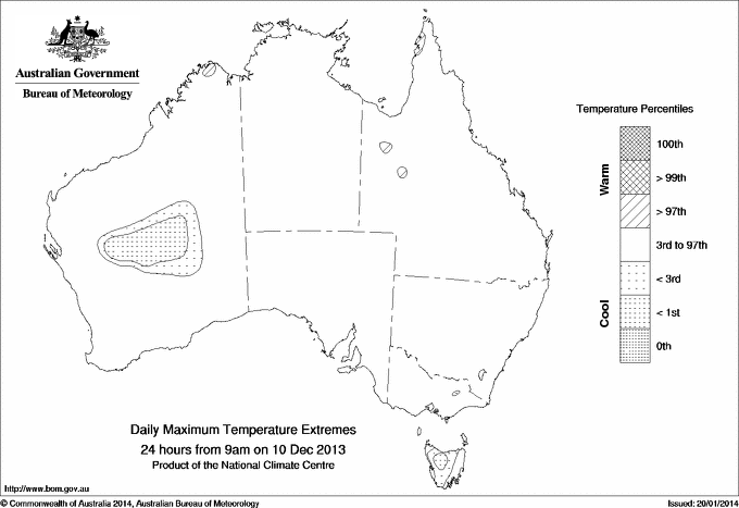 Australian daily maximum temperature extreme area maps