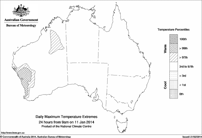 Australian daily maximum temperature extreme area maps