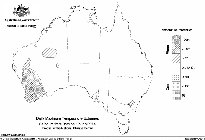 Australian daily maximum temperature extreme area maps