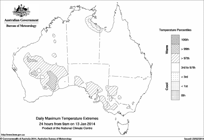 Australian daily maximum temperature extreme area maps