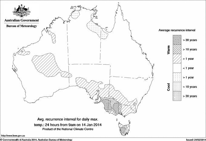 Australian daily maximum temperature average recurrence interval maps