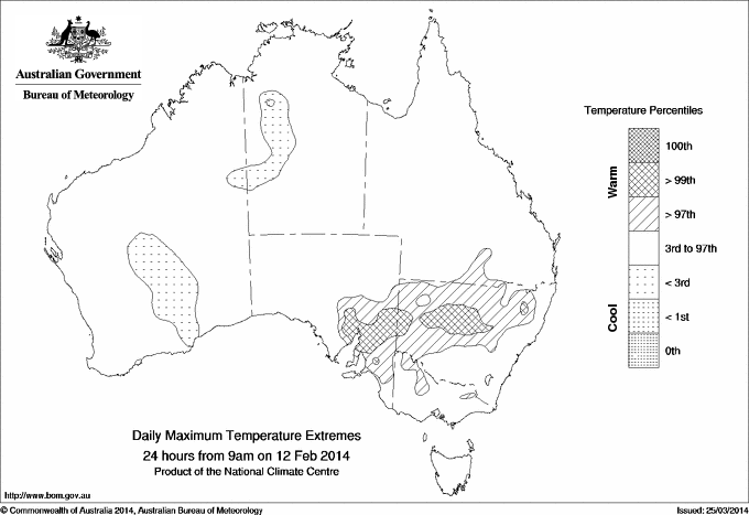 Australian daily maximum temperature extreme area maps
