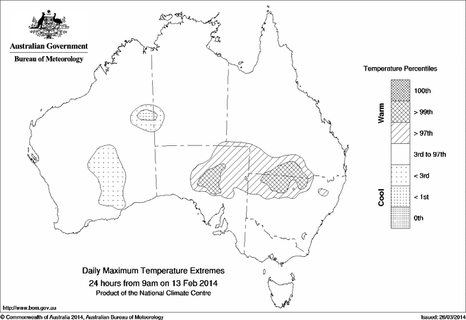 Australian daily maximum temperature extreme area maps