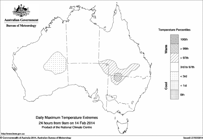Australian daily maximum temperature extreme area maps