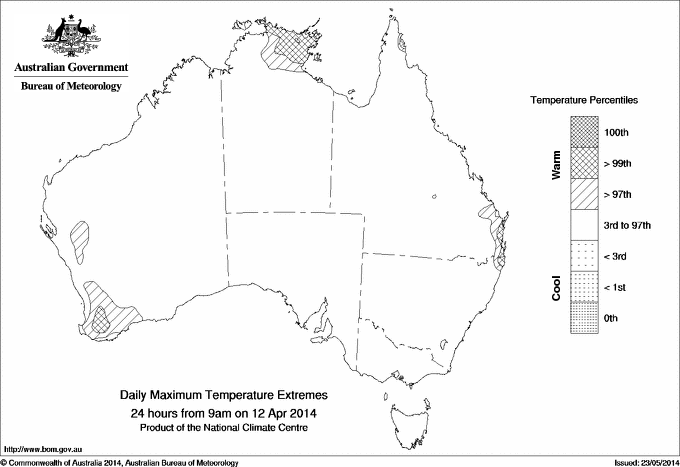 Australian daily maximum temperature extreme area maps