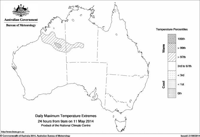 Australian daily maximum temperature extreme area maps