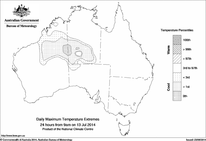 Australian daily maximum temperature extreme area maps