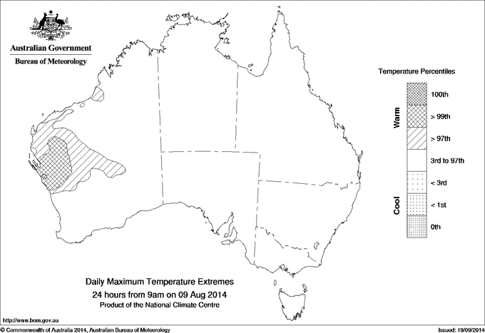 Australian daily maximum temperature extreme area maps
