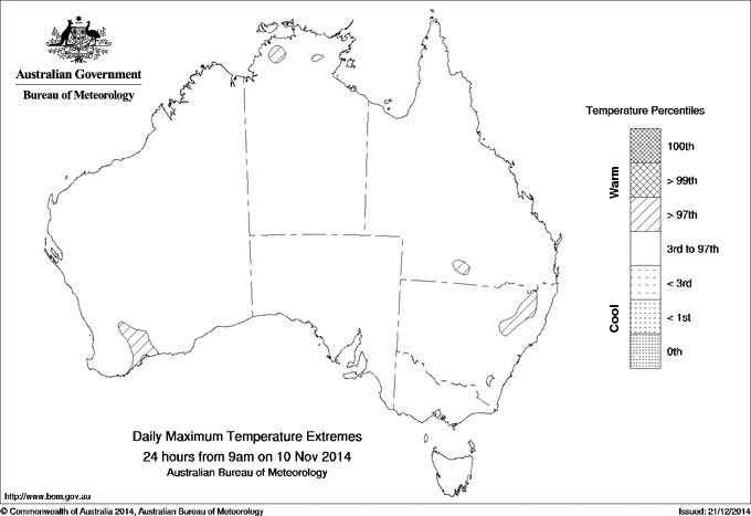 Australian daily maximum temperature extreme area maps
