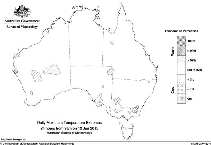 Australian daily maximum temperature extreme area maps
