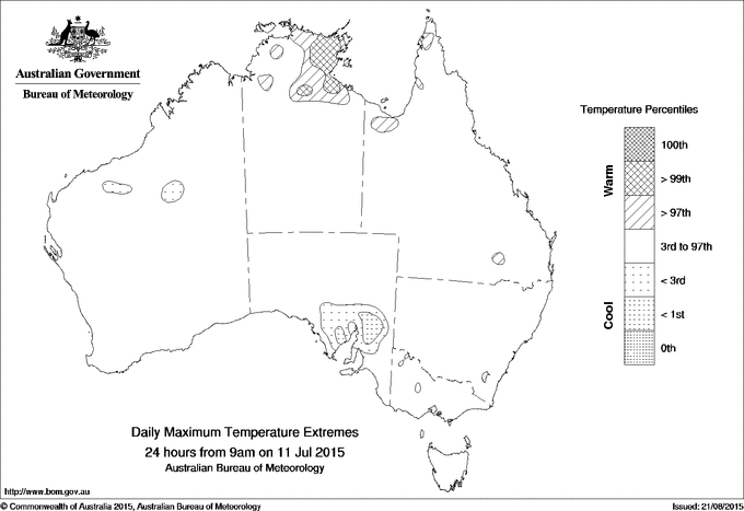 Australian daily maximum temperature extreme area maps