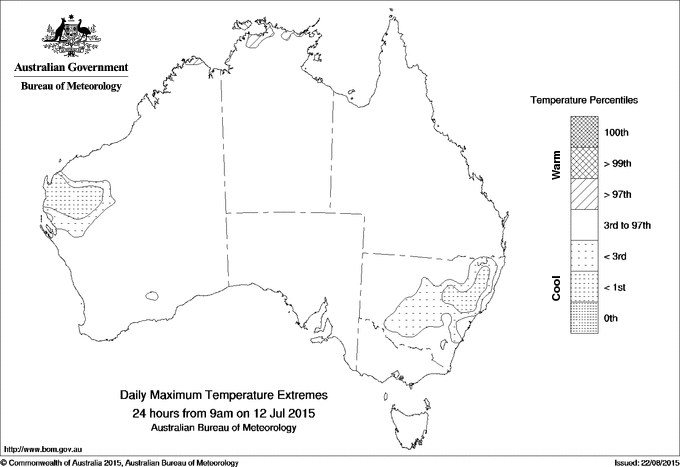 Australian daily maximum temperature extreme area maps