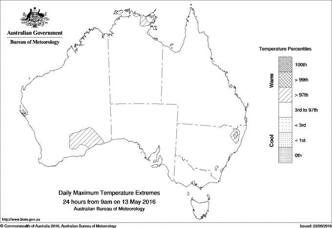 Australian daily maximum temperature extreme area maps