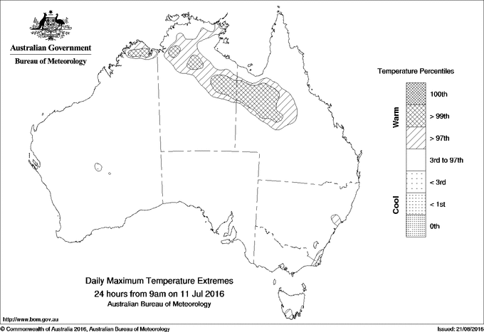 Australian daily maximum temperature extreme area maps