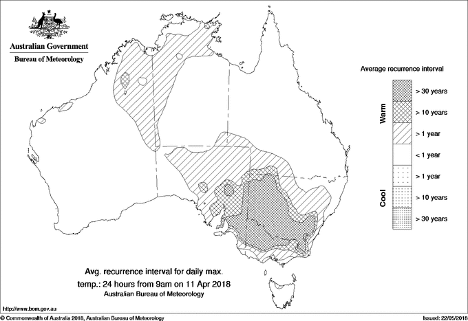 Australian daily maximum temperature average recurrence interval maps