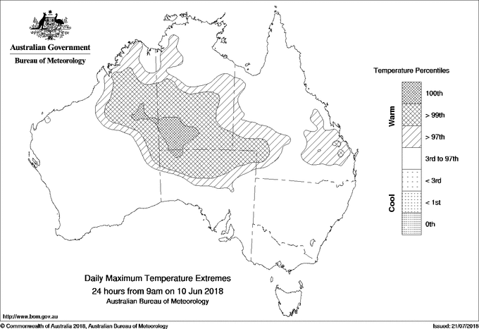 Australian daily maximum temperature extreme area maps