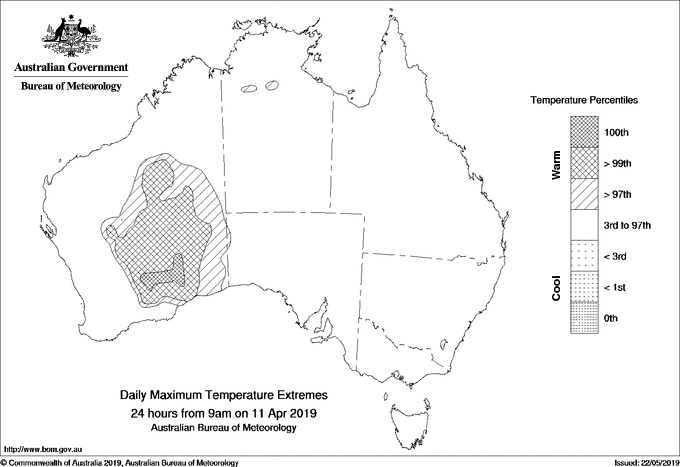 Australian daily maximum temperature extreme area maps