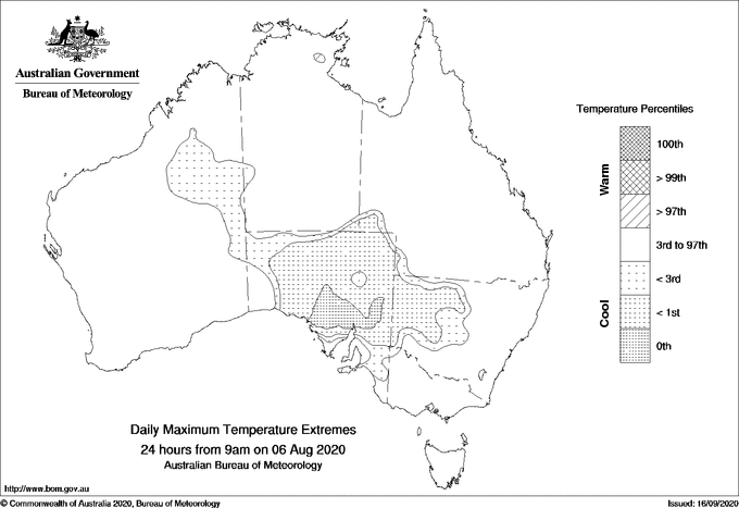 Australian daily maximum temperature extreme area maps