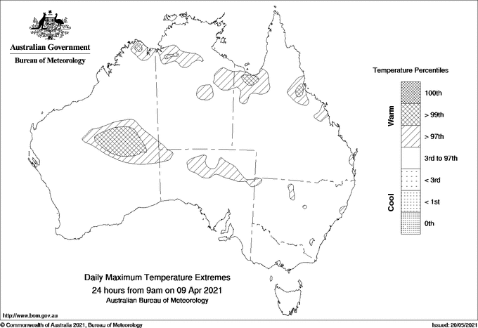 Australian daily maximum temperature extreme area maps