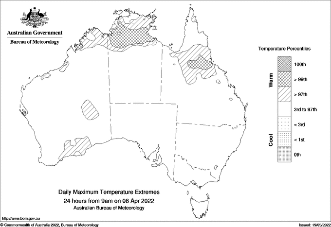 Australian daily maximum temperature extreme area maps