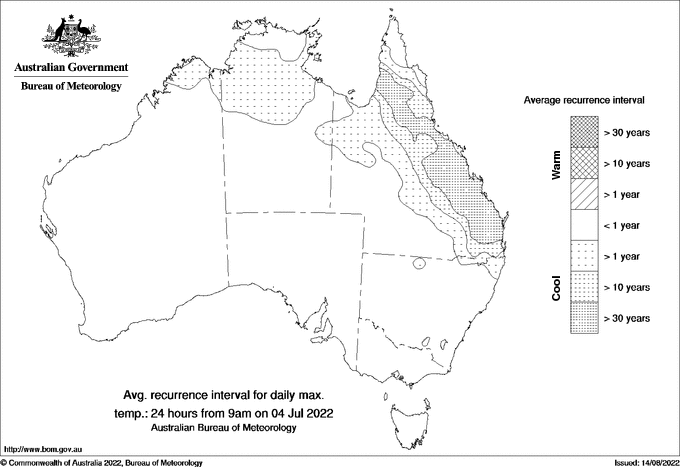 Australian daily maximum temperature average recurrence interval maps