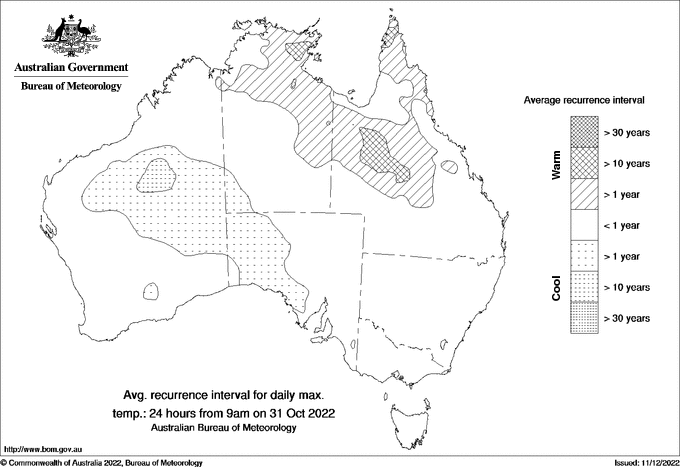 Australian daily maximum temperature average recurrence interval maps
