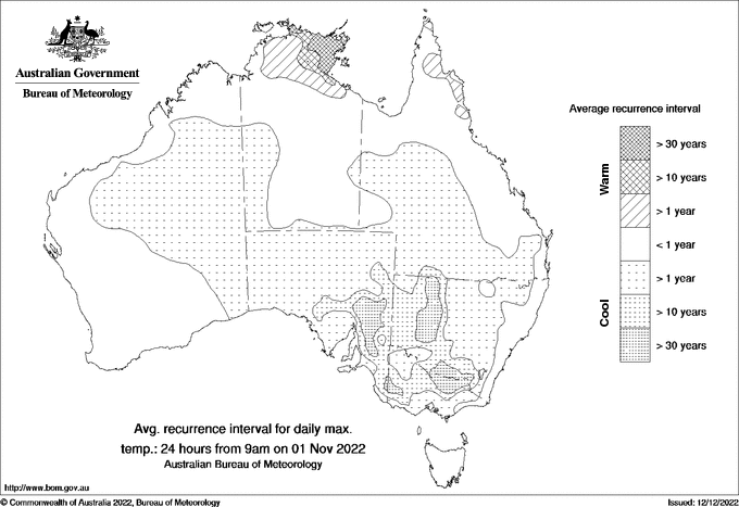 Australian daily maximum temperature average recurrence interval maps