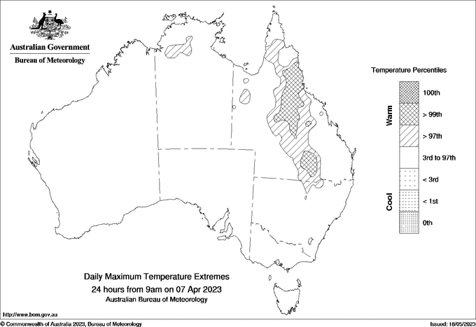 Australian daily maximum temperature extreme area maps
