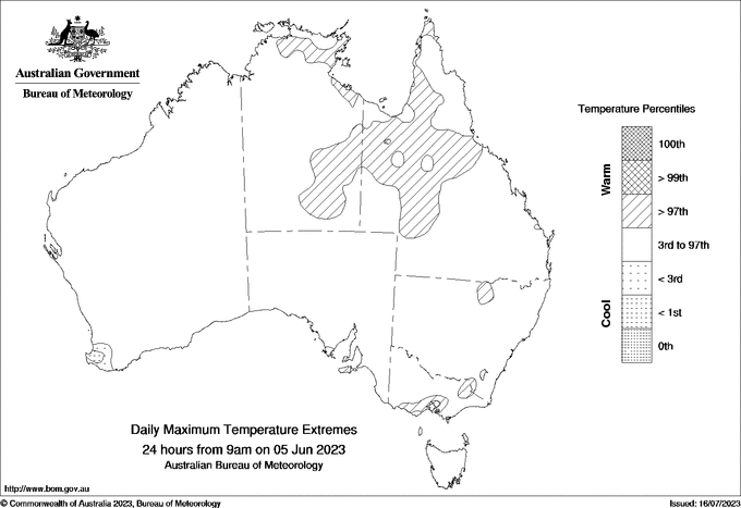 Australian daily maximum temperature extreme area maps