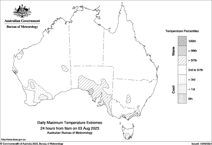 Australian daily maximum temperature extreme area maps