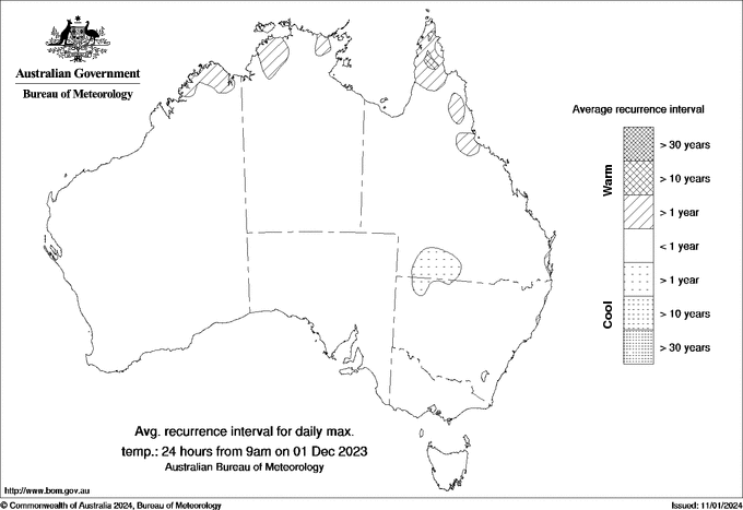 Australian daily maximum temperature average recurrence interval maps