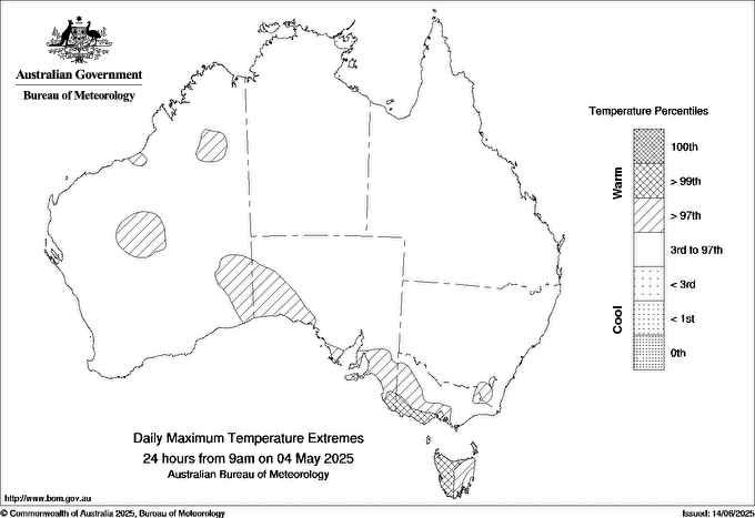Australian daily maximum temperature extreme area maps