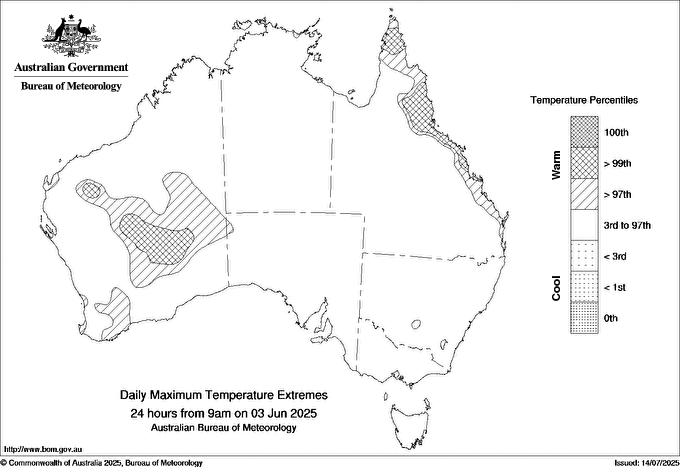 Australian daily maximum temperature extreme area maps