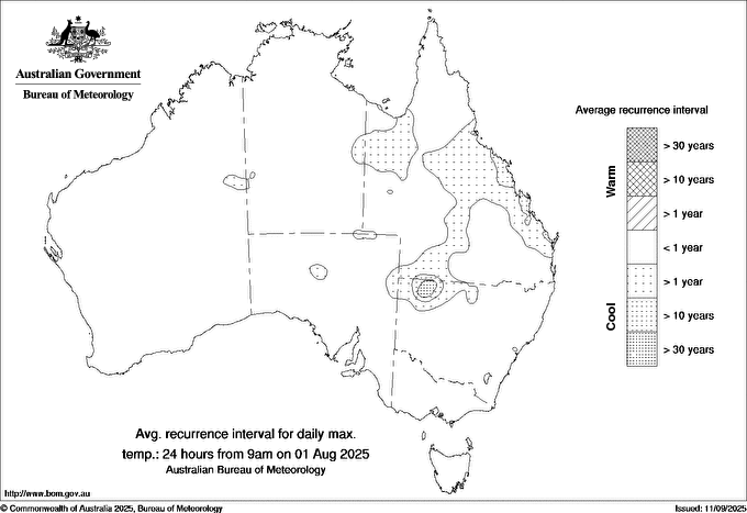 Australian daily maximum temperature average recurrence interval maps