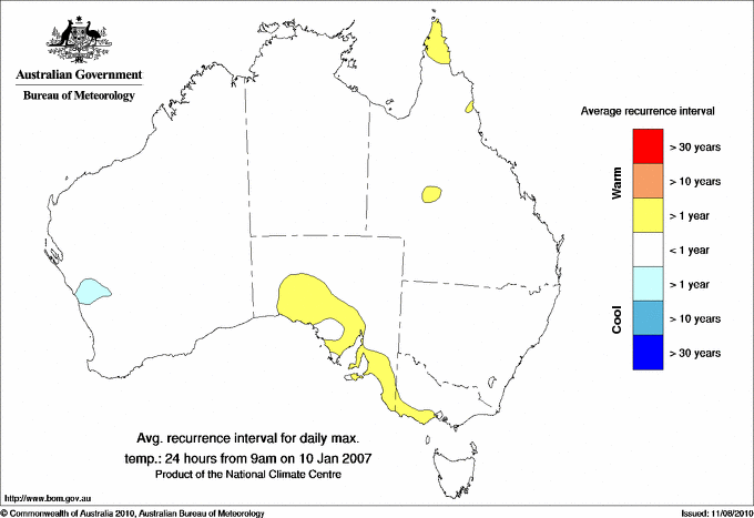 Australian daily maximum temperature average recurrence interval maps
