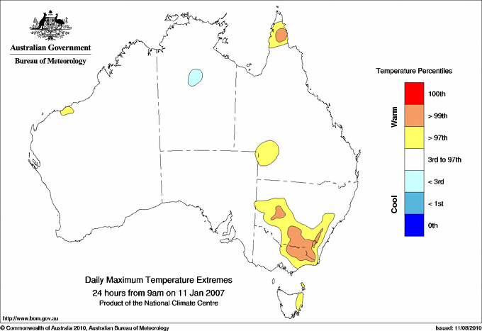 Australian daily maximum temperature extreme area maps