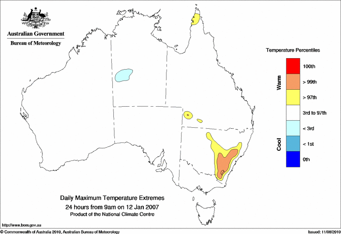 Australian daily maximum temperature extreme area maps