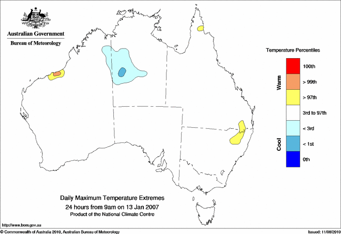 Australian daily maximum temperature extreme area maps