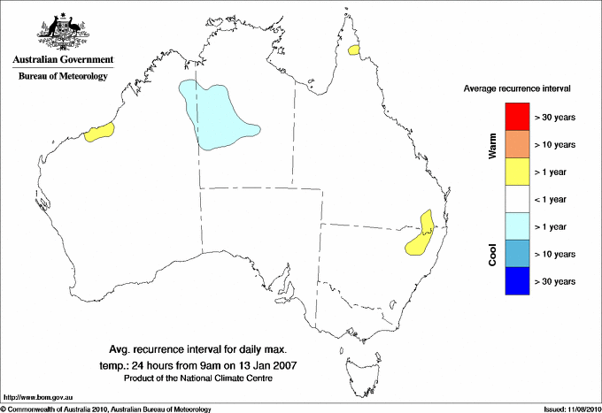 Australian daily maximum temperature average recurrence interval maps