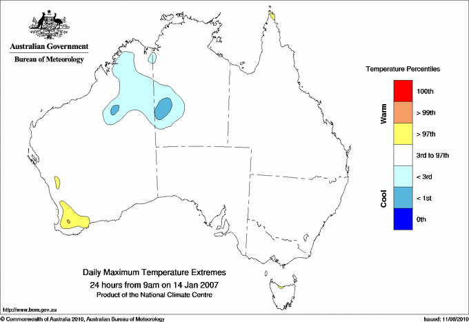 Australian daily maximum temperature extreme area maps
